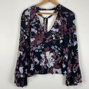 American Eagle Women’s Small Floral V-Neck Blouse Purple Black Open Back